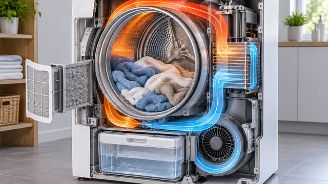 Cutaway of an unbranded heat pump dryer showing towels in a rotating drum, a closed airflow loop, heat exchanger, accessible lint filters and condensate reservoir, with colored airflow ribbons and no arrows, labels or logos.