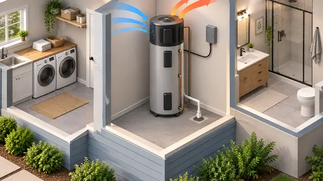 Isometric cutaway of a home utility room with a heat pump water heater, condensate drain, electrical connection and ample surrounding air space. An adjacent laundry area and bathroom are visible, with colored airflow ribbons and no labels, text, words, numbers or logos.