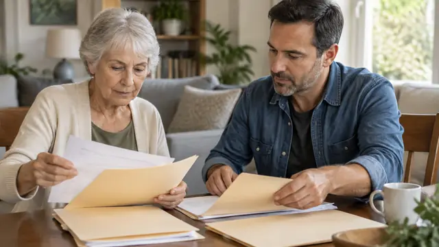 An older parent and adult child, equally engaged, calmly organize plain folders at a living-room table, with no visible text, logos, brand names or readable screens.