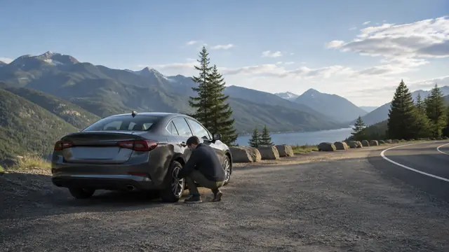 An unbranded disabled car sits well away from highway travel lanes in a wide roadside turnout, viewed from a protected position in daylight.