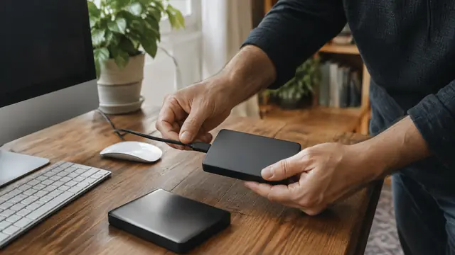 Hands disconnecting an external backup drive from a home computer, with a second drive stored nearby.