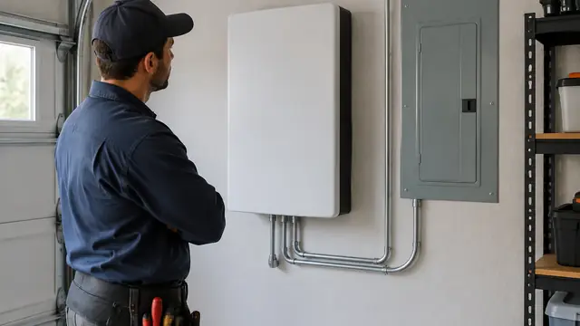 An electrician observes a plain wall-mounted home battery beside a closed electrical panel in a clean garage, with no visible branding or readable screens.