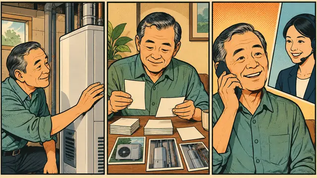 Three-panel retro comic showing an older Asian man checking a newly installed appliance, organizing blank receipts and equipment photographs, then speaking with a program representative by phone. Warm limited palette, with no speech bubbles, text, words, numbers or logos.