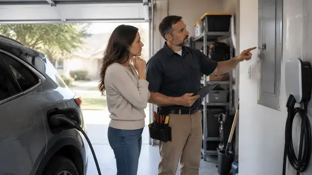 A qualified electrician and homeowner assess a closed electrical panel in a garage beside an unbranded electric vehicle.