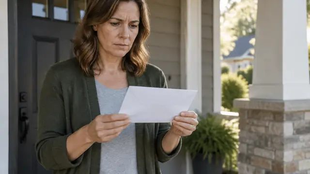 Concerned homeowner holding an unmarked envelope on a front porch in natural afternoon light, with no visible text, logos, brand names or readable screens.