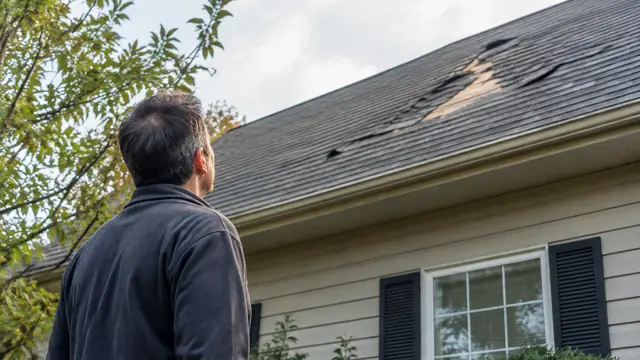 A homeowner stands beside a house, inspecting storm-damaged roof shingles from the ground.