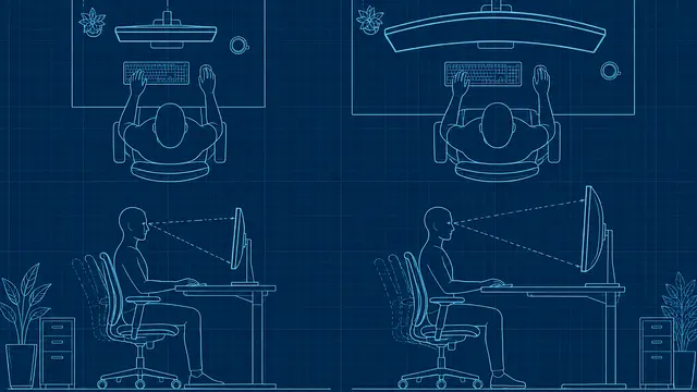 Architectural blueprint-style overhead and side views of two desk setups with different monitor sizes, an adjustable chair and a seated human silhouette showing viewing distance, rendered in crisp cyan linework on navy without labels, dimensions, numbers, text or logos.
