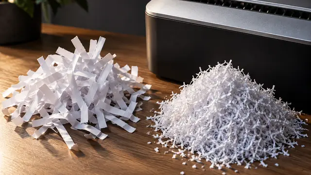 Macro still life of two separate piles of blank white paper shreds, one coarse cross-cut and one fine micro-cut, beside the edge of an unbranded home shredder on a wooden desk. Dramatic side lighting emphasizes the textures; no printed paper, text, words or logos appear.