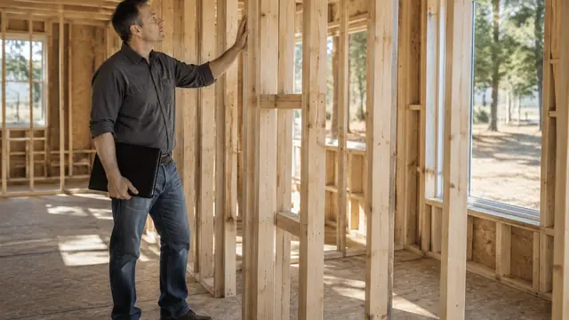 A residential building inspector in plain work clothes examines newly installed framing inside a home addition while holding a closed folder.