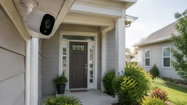 Small unbranded outdoor security camera mounted under porch eaves and aimed toward the home's entry path, with neighboring windows outside its apparent view.
