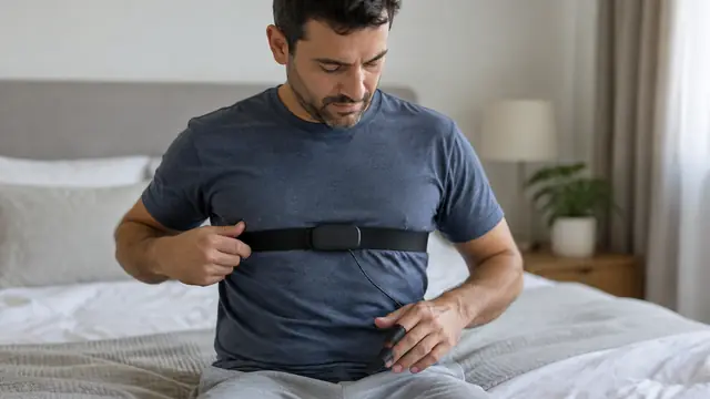 An adult seated on a bed fits a home sleep testing chest belt and finger sensor, with the device display turned away.