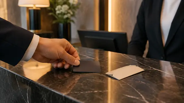 A hand places a plain bank card face down on a hotel reception counter beside an unmarked key sleeve, with no visible text, logos or readable screens.