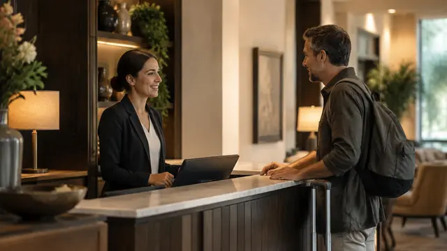A guest discusses a reservation with a receptionist at an independent hotel desk in a warmly lit lobby, with no visible branding or readable screens.