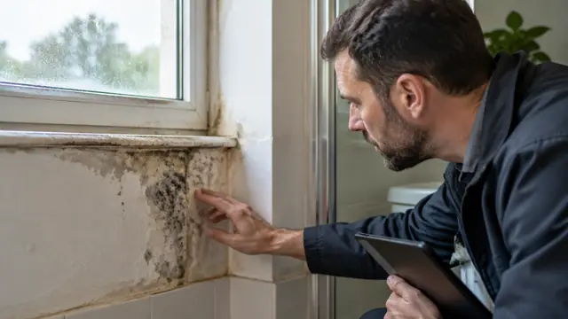 An inspector examines moisture damage around a small patch of mold on a bathroom wall beneath a leaking window.