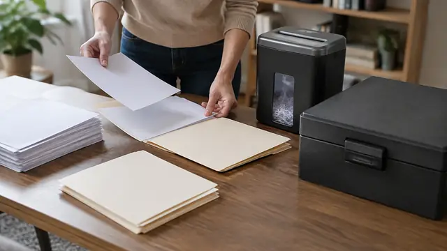 Hands sorting face-down papers into plain folders beside a compact shredder and a closed fire-resistant document box.