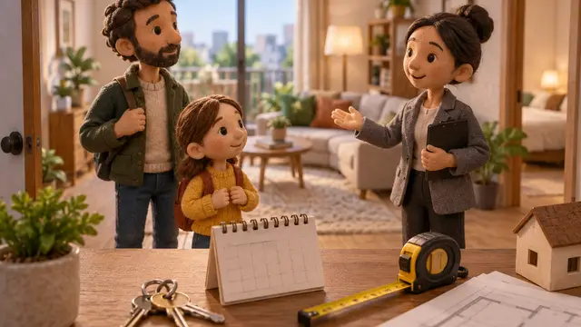 A handcrafted stop-motion set shows a miniature father and daughter viewing an apartment with a property manager. Tiny keys, a blank calendar, and a measuring tape sit in the foreground, with no text, numbers, words, or logos.