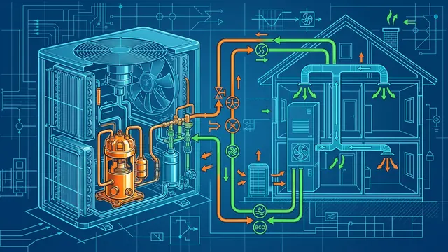 Blueprint-style cutaway illustration of a heat pump, refrigerant loop and home airflow system.