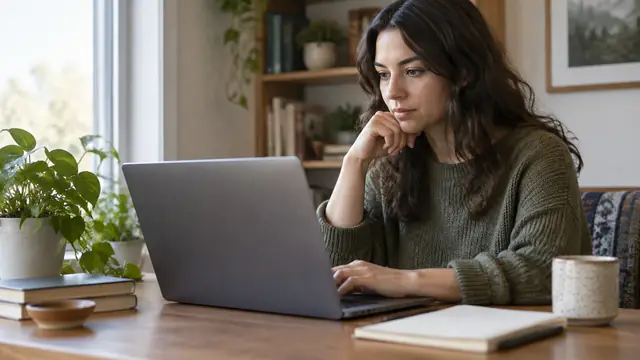 Young adult researching at a home desk with a laptop angled completely away from the camera, beside a plant and blank notebook, with no visible text or logos.