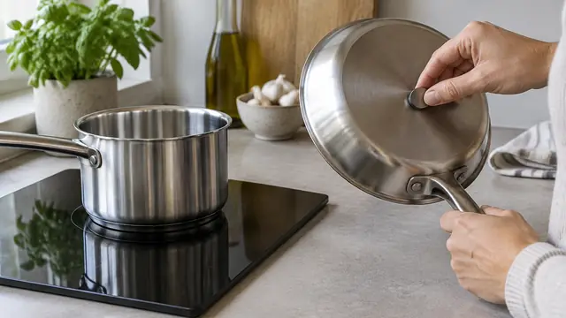 Compact induction burner on an uncluttered counter with a saucepan, while a hand tests another pan’s base with a small magnet; controls are out of view.