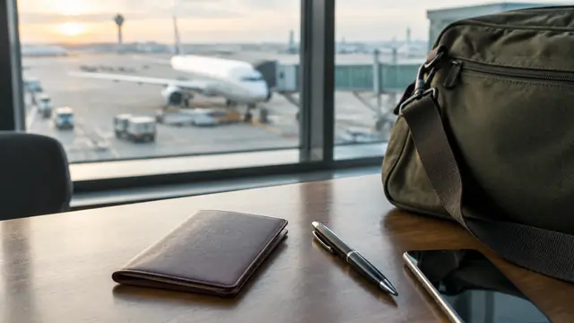 A closed plain passport holder, a pen and a packed shoulder bag sit on a table near an airport window, with no visible text or logos.