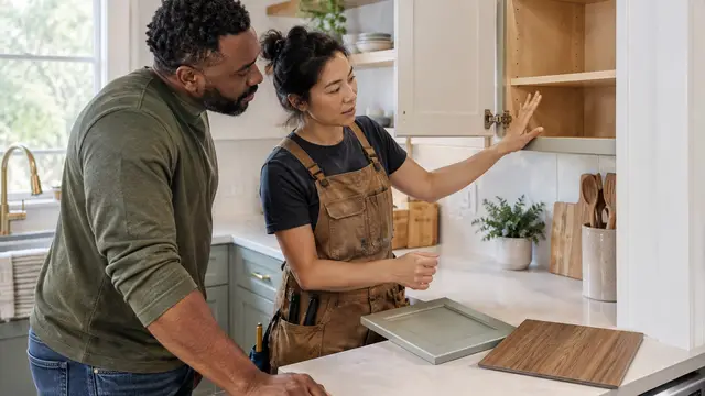 A Black male homeowner and an Asian female carpenter examine an open kitchen cabinet box. A painted door sample and a wood veneer sample rest on the countertop of a modest American kitchen in natural daylight. No text or logos appear.