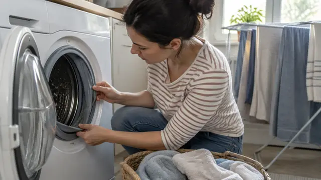 An adult inspects a front-loading washing machine’s rubber door seal, with towels in a basket and a drying rack nearby.