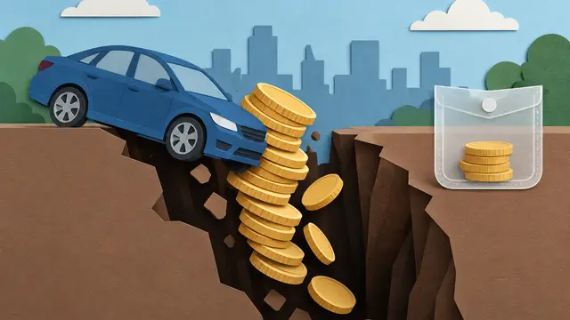 Layered paper-cut scene of a leased car beside a large stack of coins slipping through an opening in the ground, with a separate small coin stack safely contained in a translucent pocket. No text, numbers or logos.
