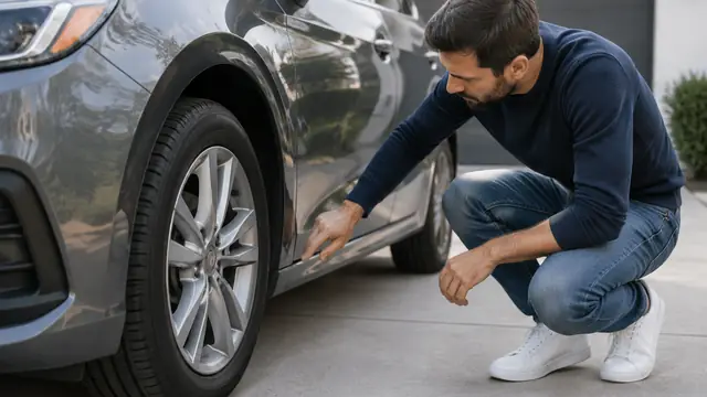 A driver inspects a leased car’s wheel and lower body panel in a clean driveway, with vehicle badges out of frame.