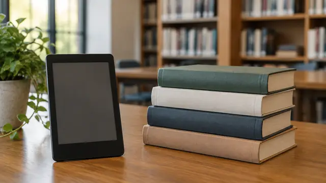 An e-reader with its screen off beside a stack of plain-cover books on a library table, with no visible text, logos or brand names.