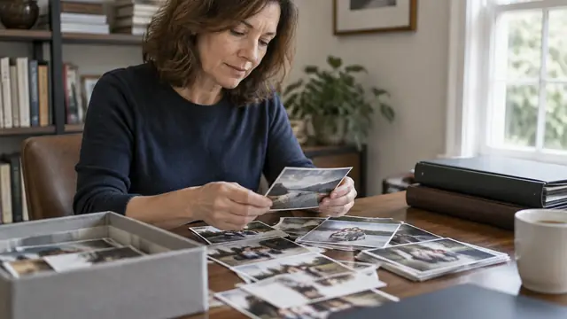 A parent organizing family photographs beside closed folders in a home study.