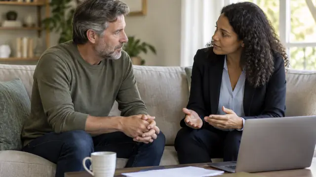 A middle-aged adult discusses life insurance options with an adviser in a comfortable home setting.