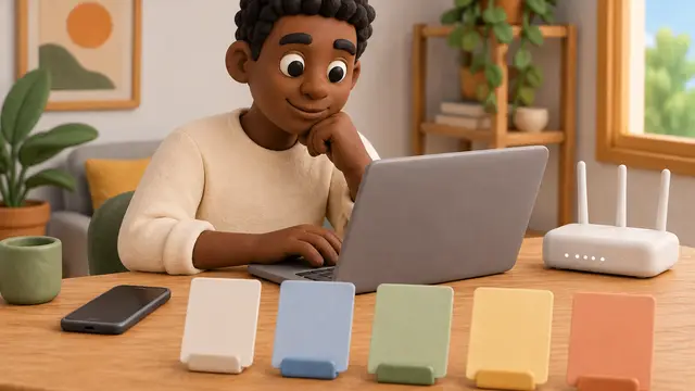 A clay miniature of a young Black man using a laptop beside a router, with a smartphone and blank comparison cards on the table. Rounded handmade forms have bright, soft lighting, with no screen content, text, words or logos.