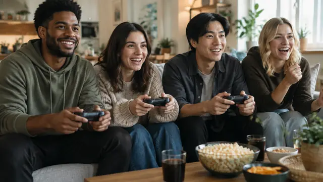 Four friends sit on a couch holding unbranded controllers, with snacks nearby, facing a television outside the frame behind the camera.