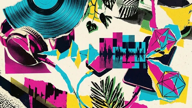 Mixed-media collage of headphones, vinyl grooves, digital waveforms and compression geometry.