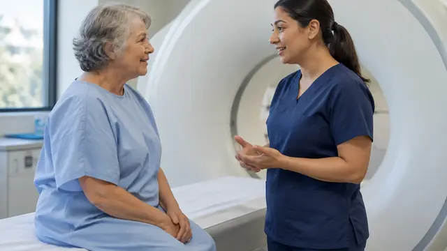 An older adult speaks with a radiology technician beside a modern CT scanner, with equipment displays out of frame.