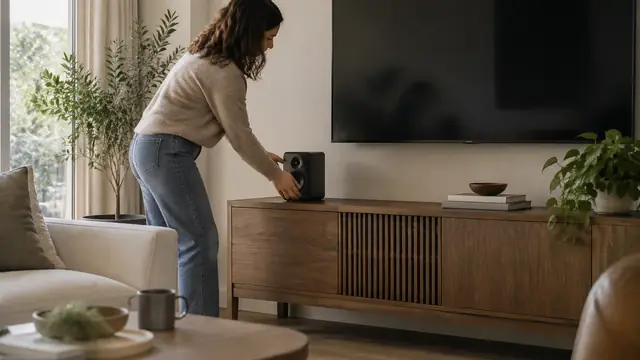 A person repositions a small speaker on a media console in a softly lit living room, with the television off.