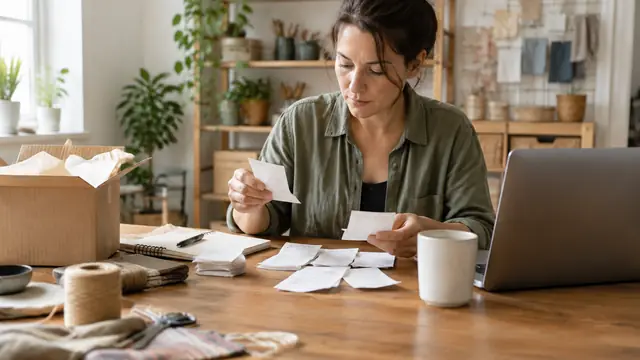 A self-employed adult sorts blank receipts beside craft supplies in a home workspace, with no visible text, logos, brand names or readable screens.