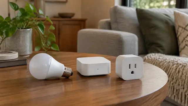 An unbranded smart bulb, compact hub and smart plug arranged on a living room side table, with no visible text, logos or readable screens.
