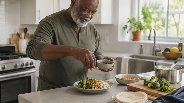 Older Black man preparing dinner for one in a modest, bright kitchen, with small amounts of broccoli, chickpeas, tortillas and rice beside one finished plate; relaxed setting, unbranded containers, no text or logos.
