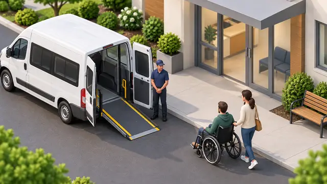 An accessible van with its ramp deployed outside a small medical clinic. A wheelchair user approaches with a companion while a driver waits beside the door. Clean isometric miniature scene with no signs, lettering, words, or logos.