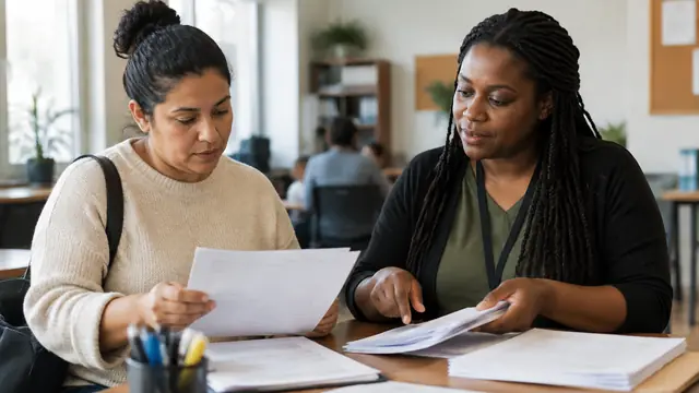 A parent and community navigator organize blank forms at a desk in a neighborhood assistance office, with no visible text, logos or readable screens.