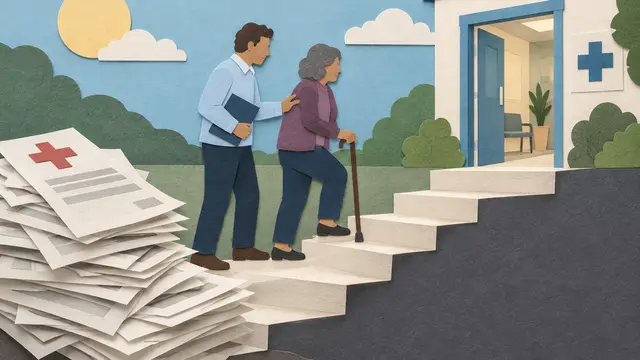 Layered paper shapes form stairs from blank medical bills toward a clinic doorway. A middle-aged woman with a cane stands beside a male counselor; tactile paper edges, no text or logos.