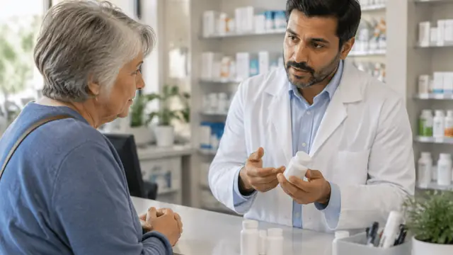 An older adult consults a pharmacist across a counter with unmarked medicine containers; no text, logos, brand names or readable screens are visible.