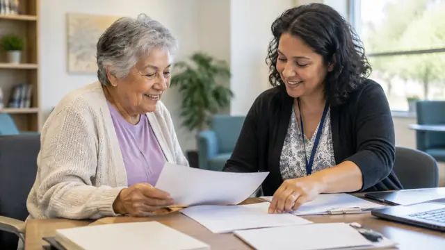 A senior and a community benefits counselor organize blank application materials in a welcoming office, with no visible text, logos, or readable screens.