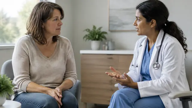 A midlife woman talks with a clinician in a calm consultation room, both seated at eye level.