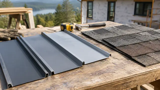 Standing-seam metal roofing samples and asphalt shingles arranged on an outdoor carpenter's workbench, showing realistic material textures without branding.