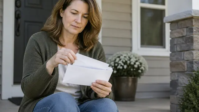 A homeowner opens a plain envelope on a front porch, with a modest house in the background and no visible text or logos.