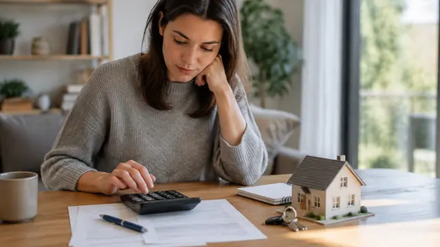 A homeowner uses a calculator beside house keys and a small architectural model of a house.