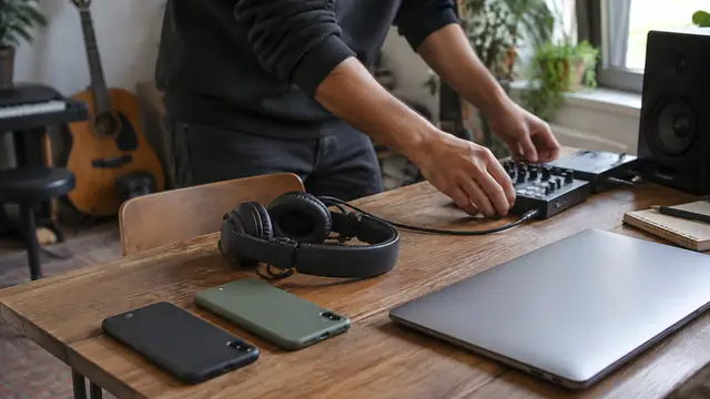 A person organizing a music setup with two phones lying face down beside headphones and a closed laptop, with no visible text, logos or screens.