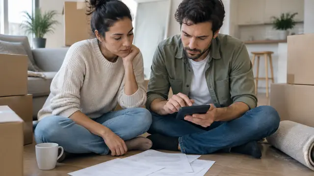 A couple sits on the floor of a new apartment among moving boxes, discussing household costs with a calculator and face-down paperwork.